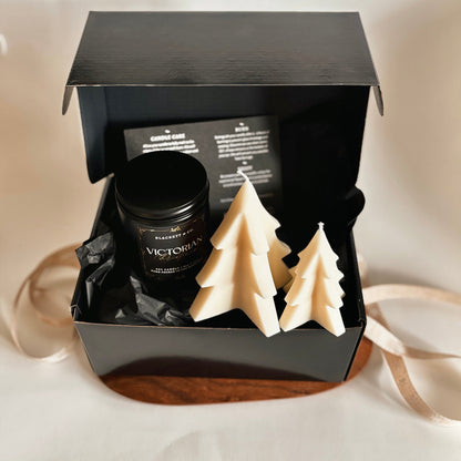 Victorian Christmas soy candle handcrafted by Blackett & Co. and soy candle fir trees.