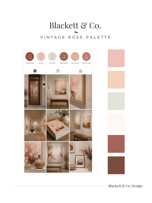 A branded palette board using Blackett & Co. Vintage Rose colour palette, showing a row of circular colour chips, a grid of warm beige and blush interior photography, and a vertical swatch strip in blush, cream, taupe, rust, and dark brown