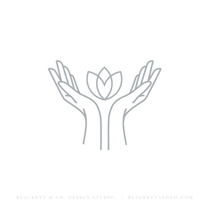 Flow Brand Logo minimalist line art icon depicting two hands holding a lotus flower.