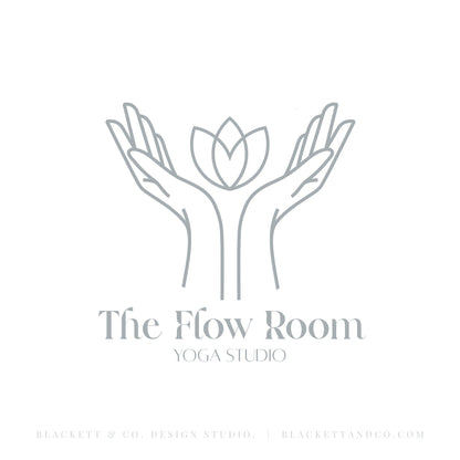 Flow Brand Logo minimalist line-art logo featuring two hands cupping a lotus flower with text.