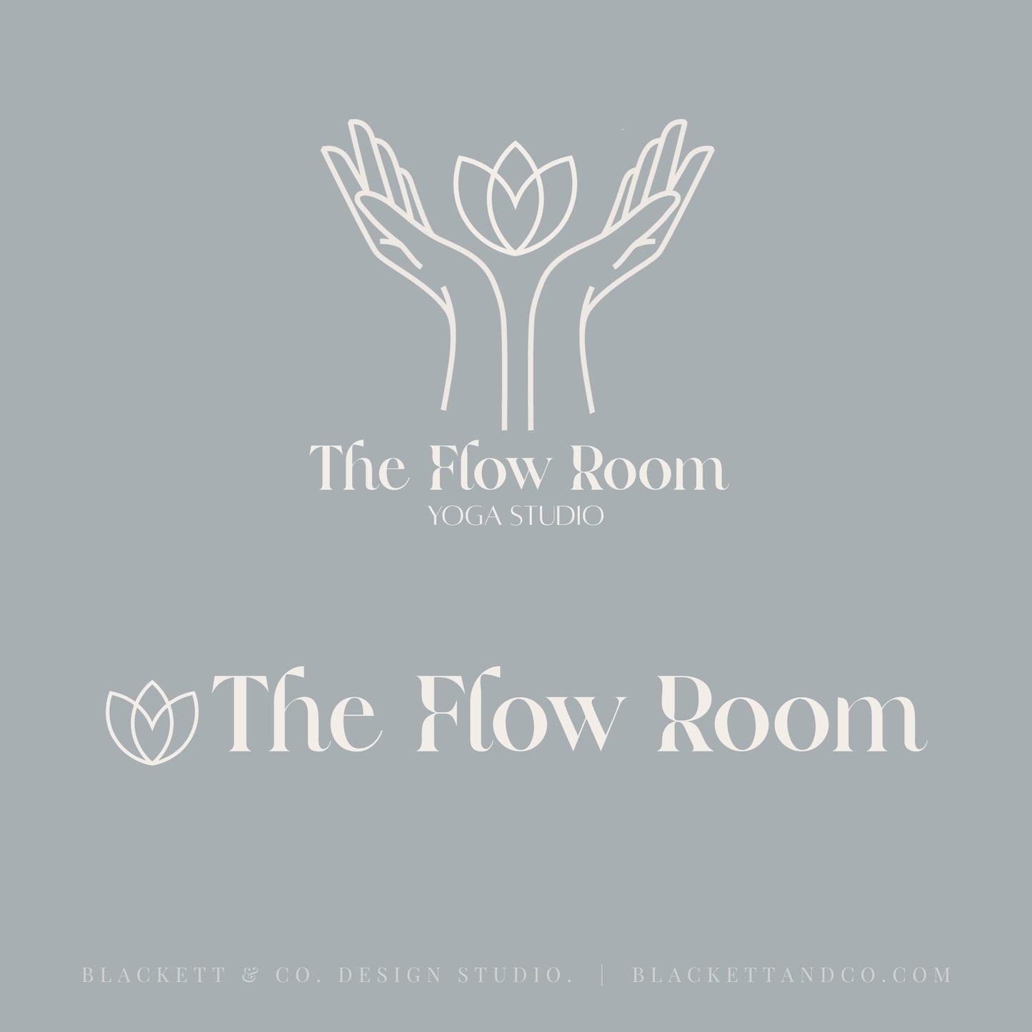 Flow Brand Logo minimalist  graphic featuring the text 'The Flow Room Yoga Studio' in white, with a white line-art logo of hands holding a lotus flower above, and the name 'The Flow Room' again below with a small lotus icon.
