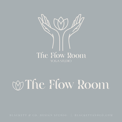 Flow Brand Logo minimalist  graphic featuring the text 'The Flow Room Yoga Studio' in white, with a white line-art logo of hands holding a lotus flower above, and the name 'The Flow Room' again below with a small lotus icon.