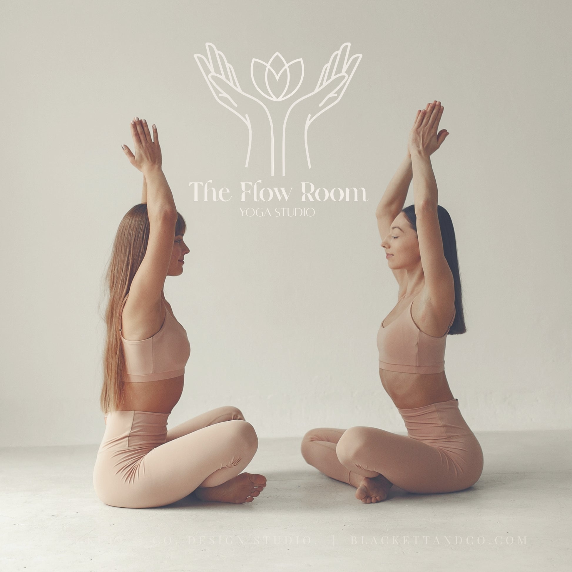 Flow Brand Logo image of two women in matching beige yoga apparel posing facing each other with arms raised in a minimalist studio setting. A white line-art logo and the text 'The Flow Room YOGA STUDIO' is centred above them.