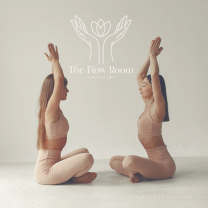 Flow Brand Logo image of two women in matching beige yoga apparel posing facing each other with arms raised in a minimalist studio setting. A white line-art logo and the text 'The Flow Room YOGA STUDIO' is centred above them.