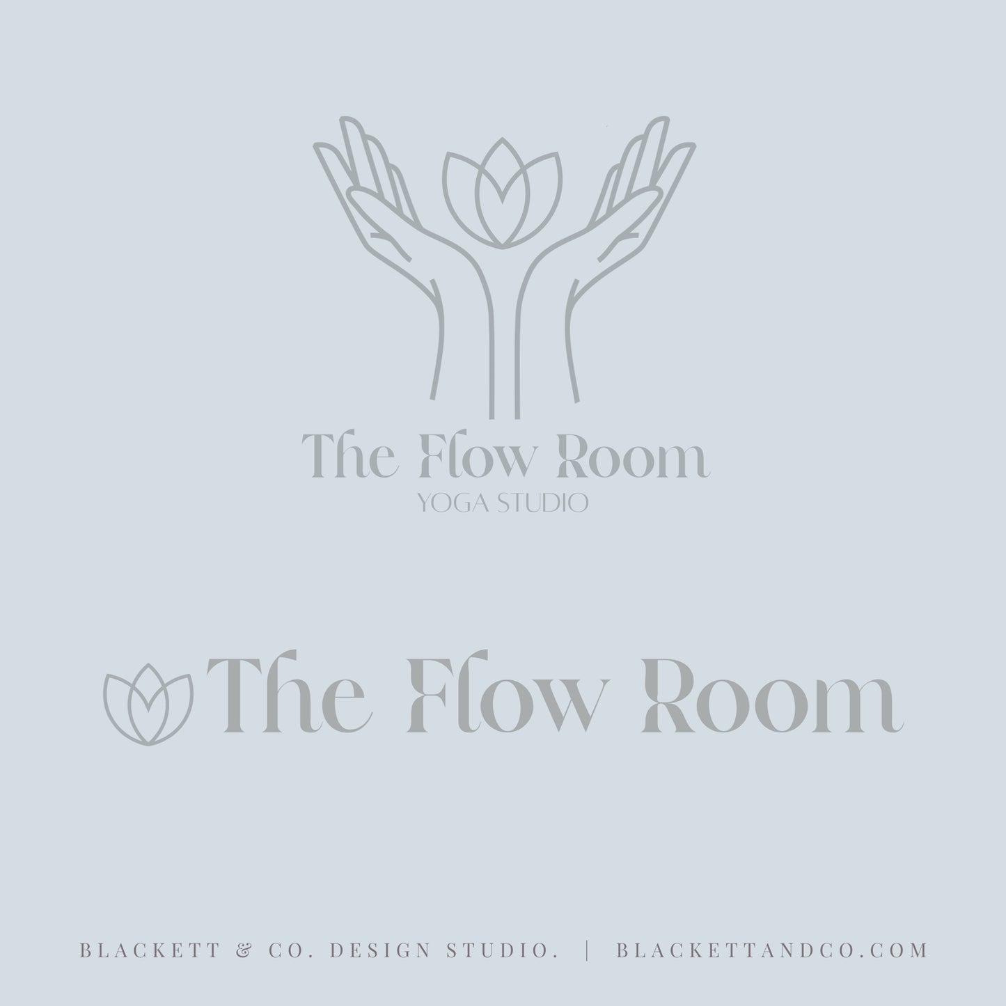 Flow Brand Logo minimalist  graphic featuring the text 'The Flow Room Yoga Studio' in grey blue, with a grey blue line-art logo of hands holding a lotus flower above, and the name 'The Flow Room' again below with a small lotus icon.