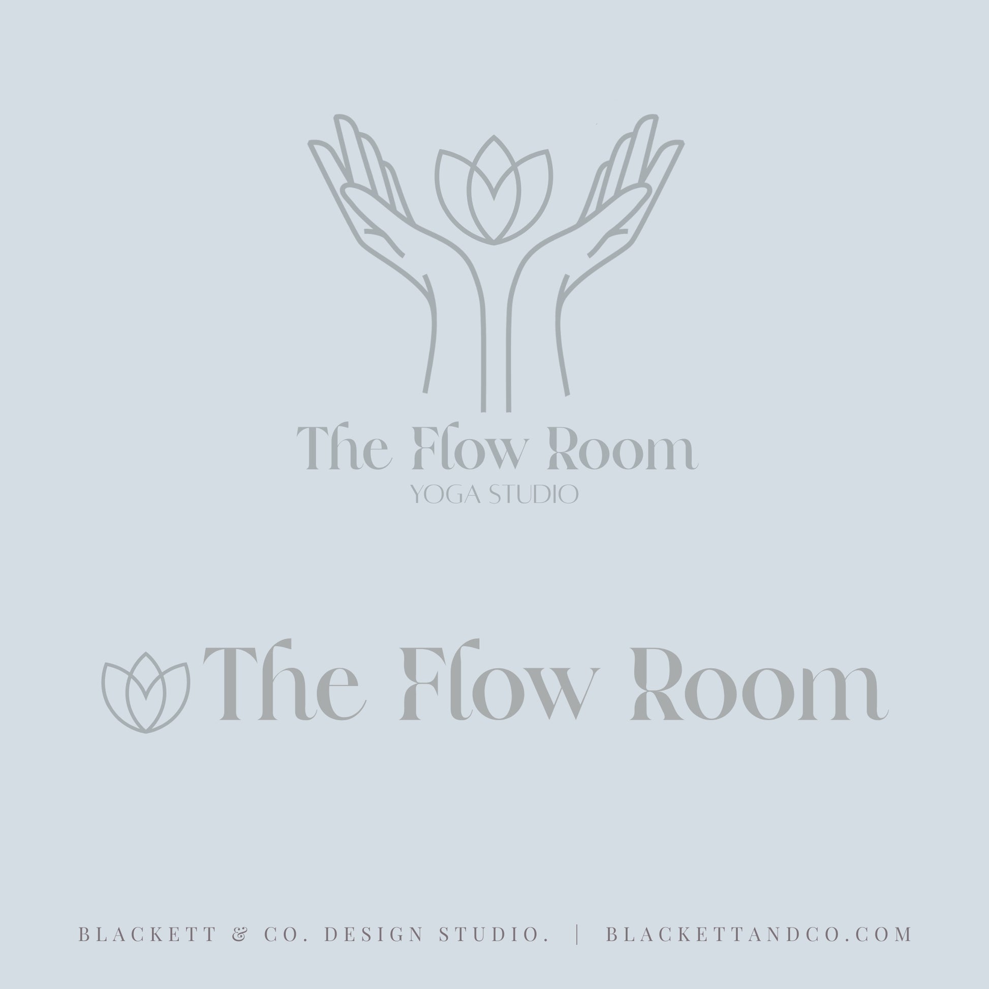 Flow Brand Logo minimalist  graphic featuring the text 'The Flow Room Yoga Studio' in grey blue, with a grey blue line-art logo of hands holding a lotus flower above, and the name 'The Flow Room' again below with a small lotus icon.