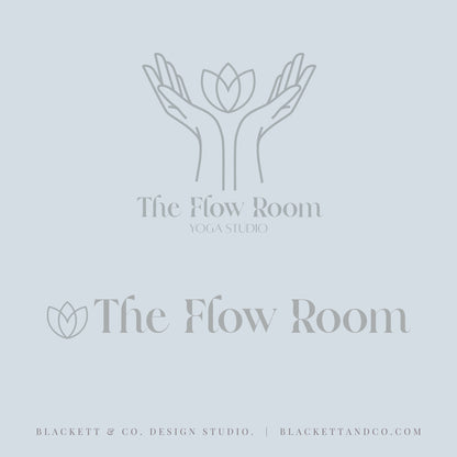Flow Brand Logo minimalist  graphic featuring the text 'The Flow Room Yoga Studio' in grey blue, with a grey blue line-art logo of hands holding a lotus flower above, and the name 'The Flow Room' again below with a small lotus icon.