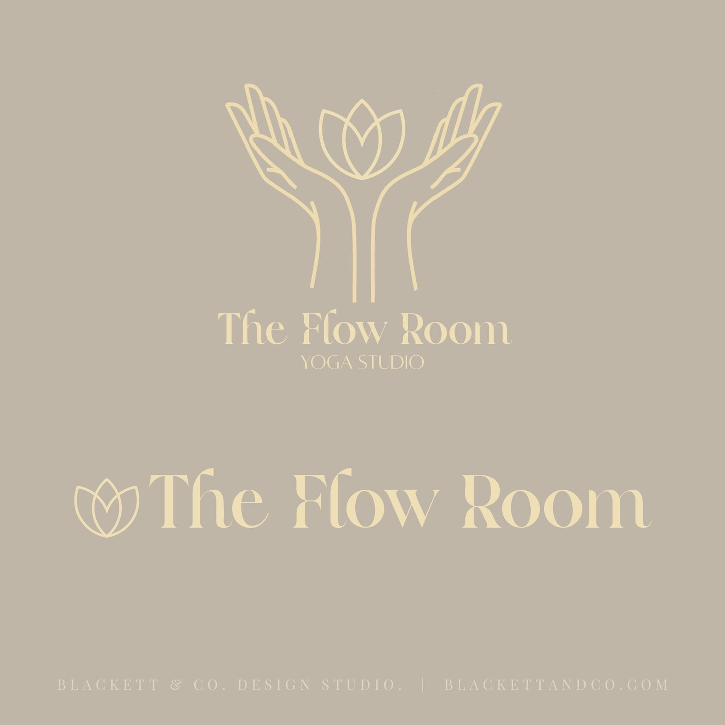 Flow Brand Logo minimalist  graphic featuring the text 'The Flow Room Yoga Studio' in soft yellow, with a line-art logo of hands holding a lotus flower above, and the name 'The Flow Room' again below with a small lotus icon.