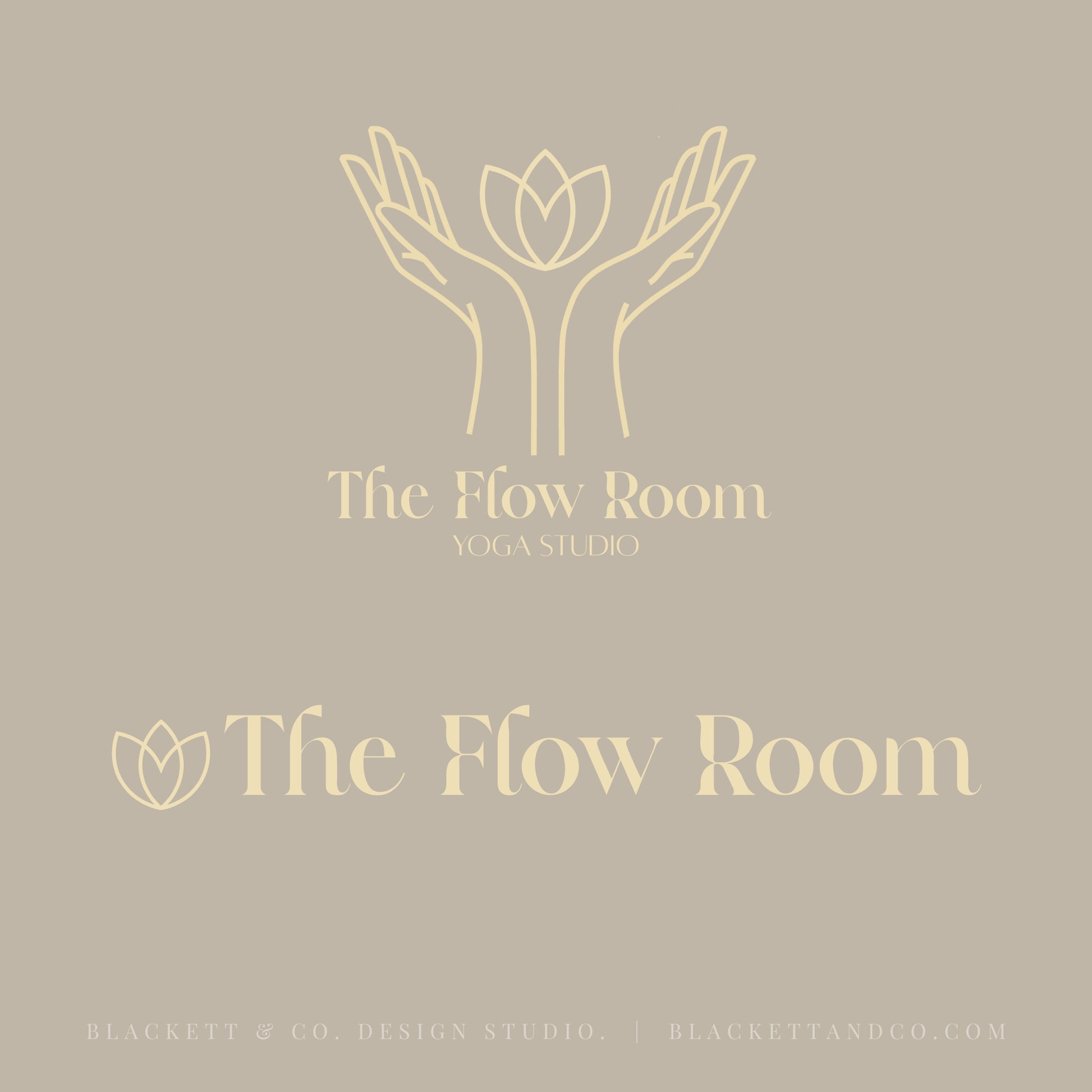 Flow Brand Logo minimalist  graphic featuring the text 'The Flow Room Yoga Studio' in soft yellow, with a line-art logo of hands holding a lotus flower above, and the name 'The Flow Room' again below with a small lotus icon.