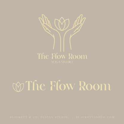 Flow Brand Logo minimalist  graphic featuring the text 'The Flow Room Yoga Studio' in soft yellow, with a line-art logo of hands holding a lotus flower above, and the name 'The Flow Room' again below with a small lotus icon.