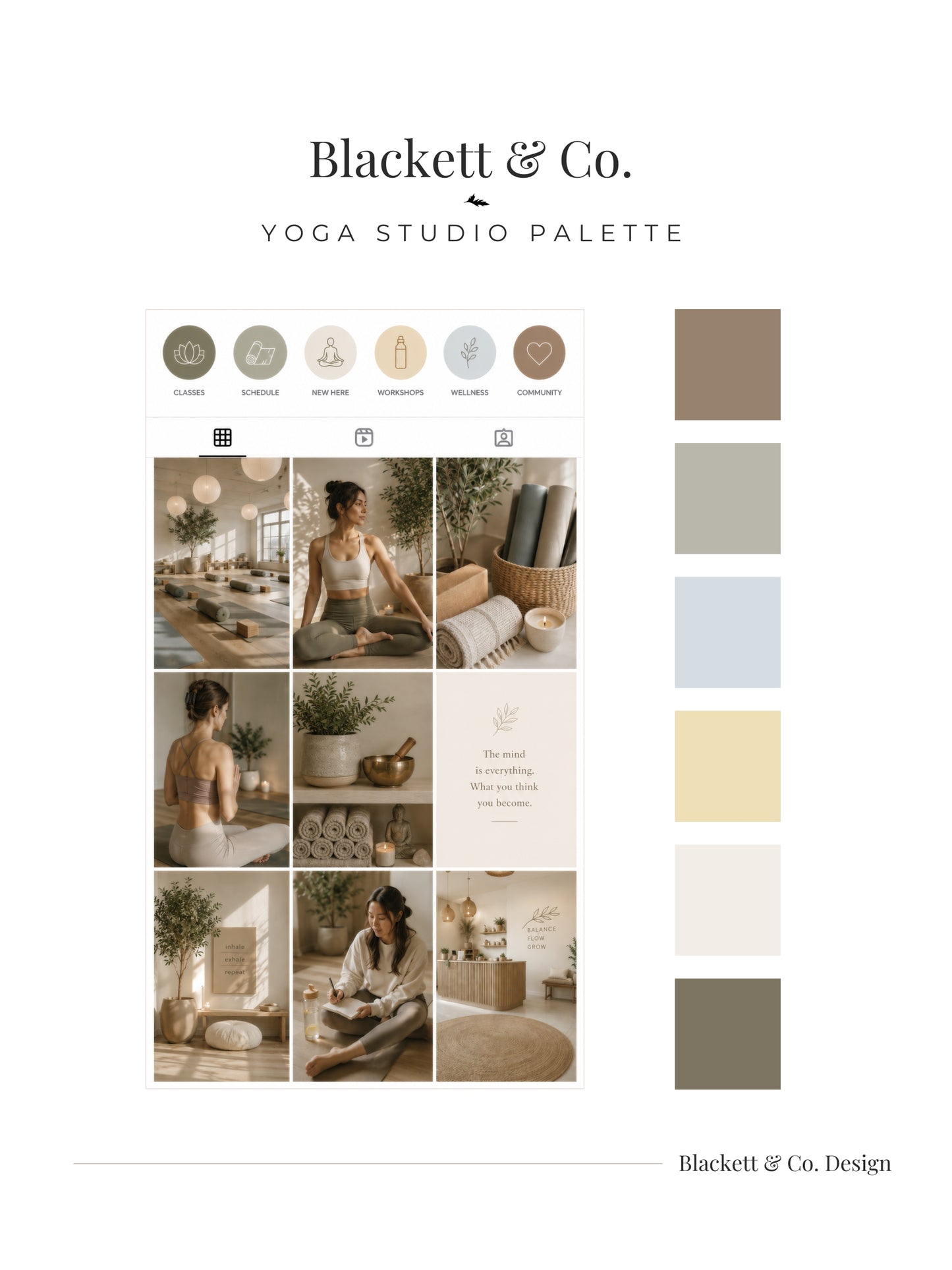 A branded palette board using Blackett & Co.'s Yoga Studio colour palette showing a grid of warm-toned interior and yoga photos alongside a vertical row of neutral colour swatches in taupe, sage, pale blue, cream, and olive