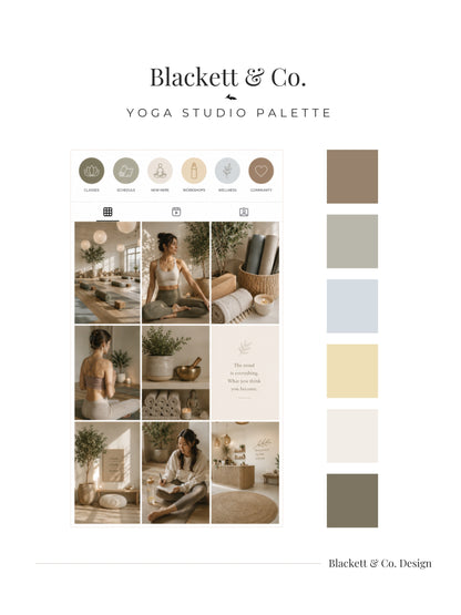 A branded palette board using Blackett & Co.'s Yoga Studio colour palette showing a grid of warm-toned interior and yoga photos alongside a vertical row of neutral colour swatches in taupe, sage, pale blue, cream, and olive