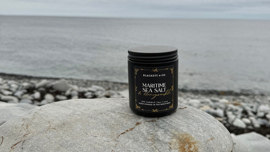 Video reel showcasing Blackett & Co. scented natural soy candle Maritime Sea Salt & Honeysuckle with a poem authored by K.A. Popwell being read